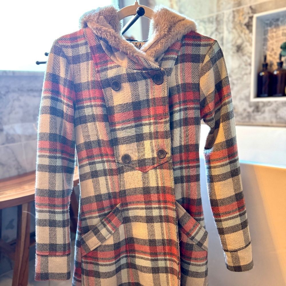 Billabong Plaid Coat Wool Blend Faux Fur Trim Double Breasted Jacket Size